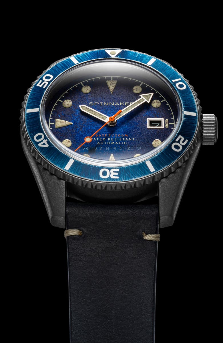 SPINNAKER Wreck Automatic Leather Strap Watch, 44mm, Alternate, color, Blue