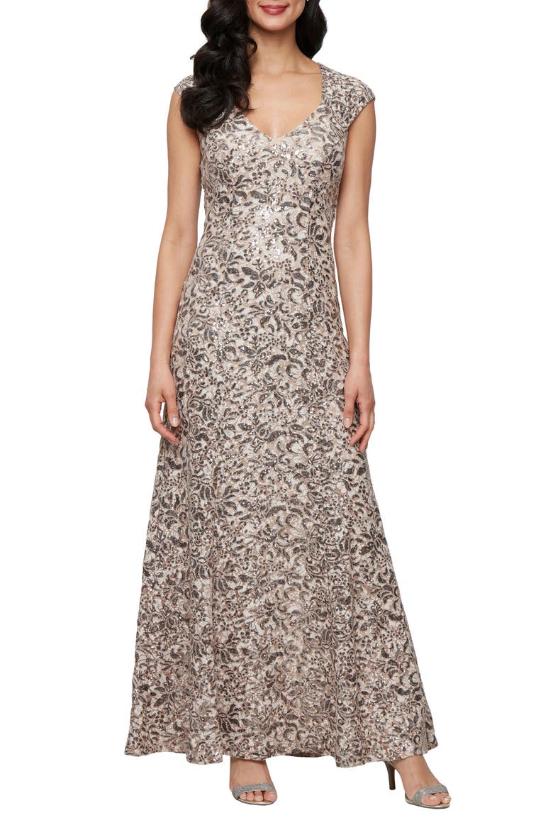 Sequin Corded Lace Sleeveless Gown, Main, color, MINK