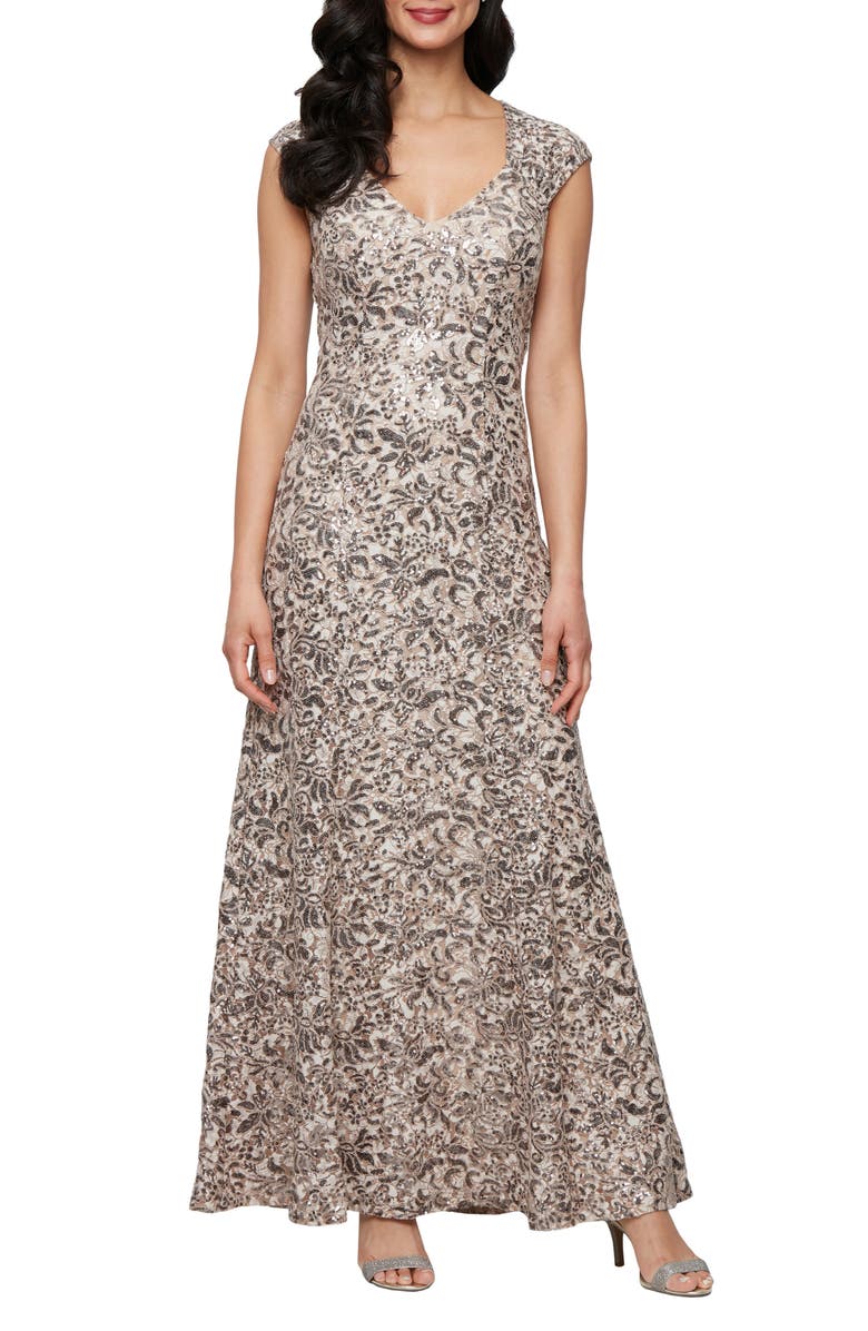 Alex Evenings Sequin Corded Lace Sleeveless Gown, Main, color, Mink
