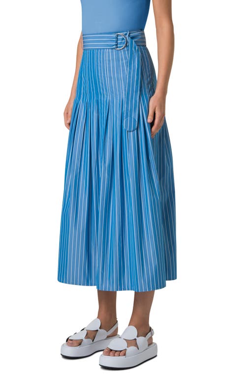 Akris Punto Pajama Stripe Belted Pleated Cotton Midi Skirt In Medium Blue-cream