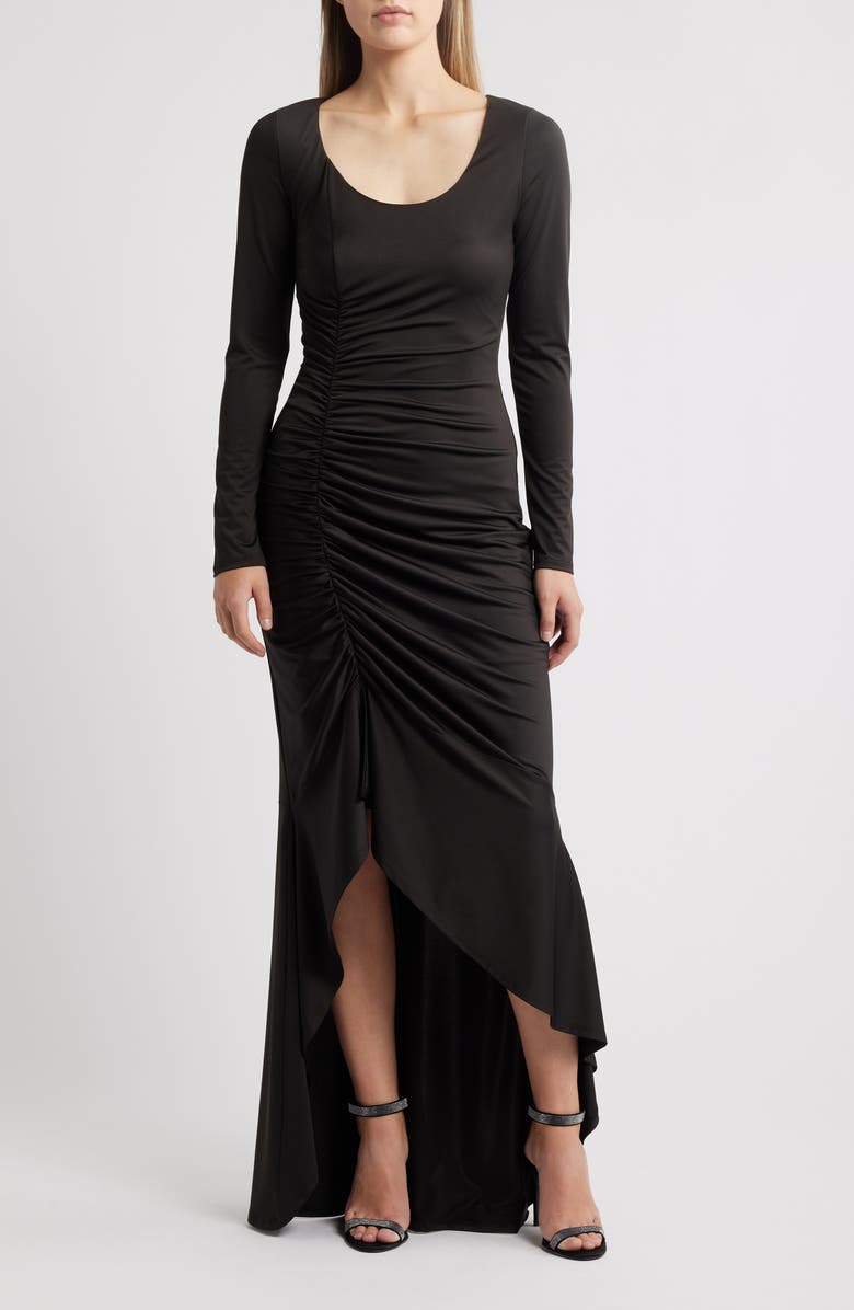 Black Halo Atlanta Ruched Ruffle Long Sleeve Maxi Dress, Main, color, 