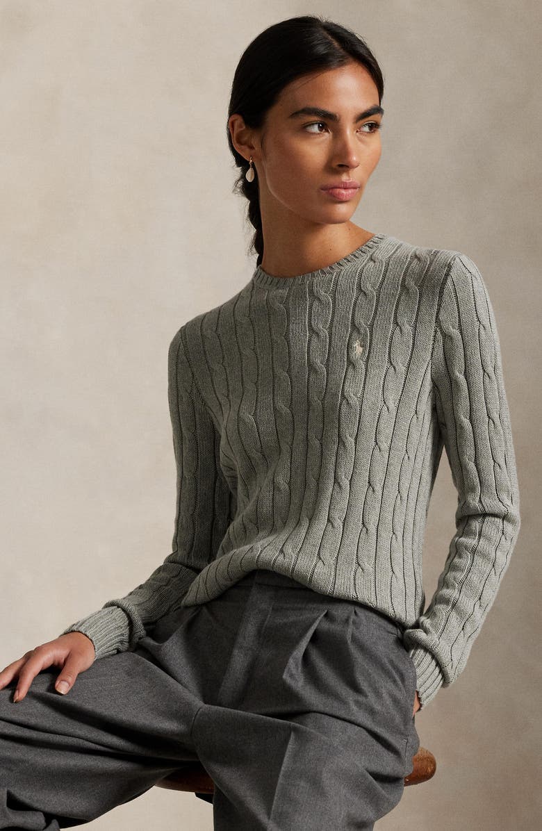 Polo Ralph Lauren Cable Cotton Crewneck Sweater, Alternate, color, Fawn Grey Heather