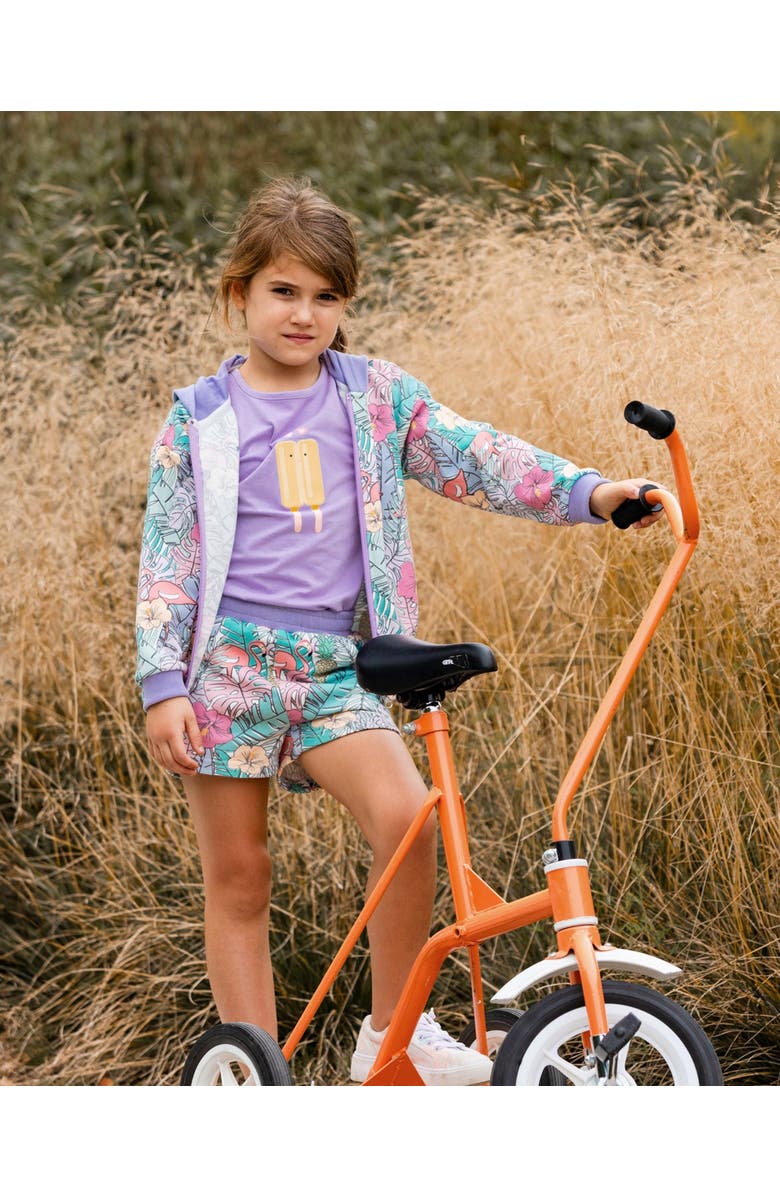 Deux par Deux Little Girl's Printed French Terry Short Lilac Tropical And Pink Flamingos, Alternate, color, Lilac And Pink Flamingos