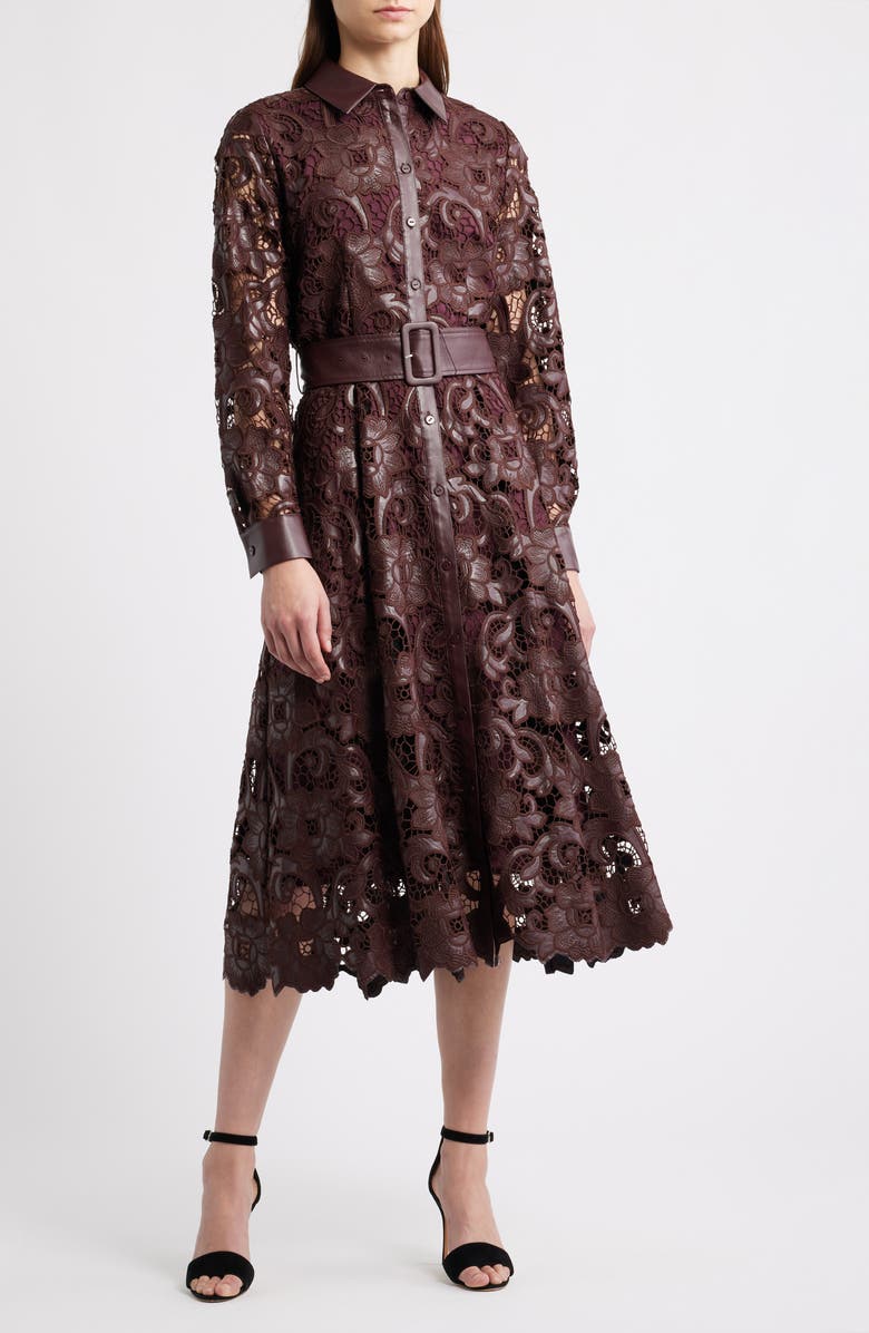 Elie Tahari Chayenne Long Sleeve Faux Leather & Lace Shirtdress, Main, color, Noir Berry Red