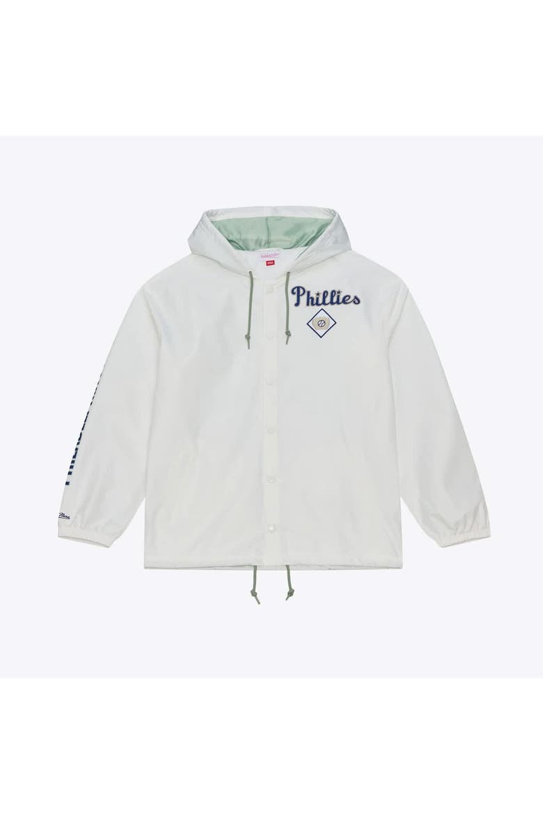 Men's Mitchell & Ness White Philadelphia Phillies Yacht Rock Coaches Full-Snap Hooded Windbreaker Jacket, Alternate, color, White