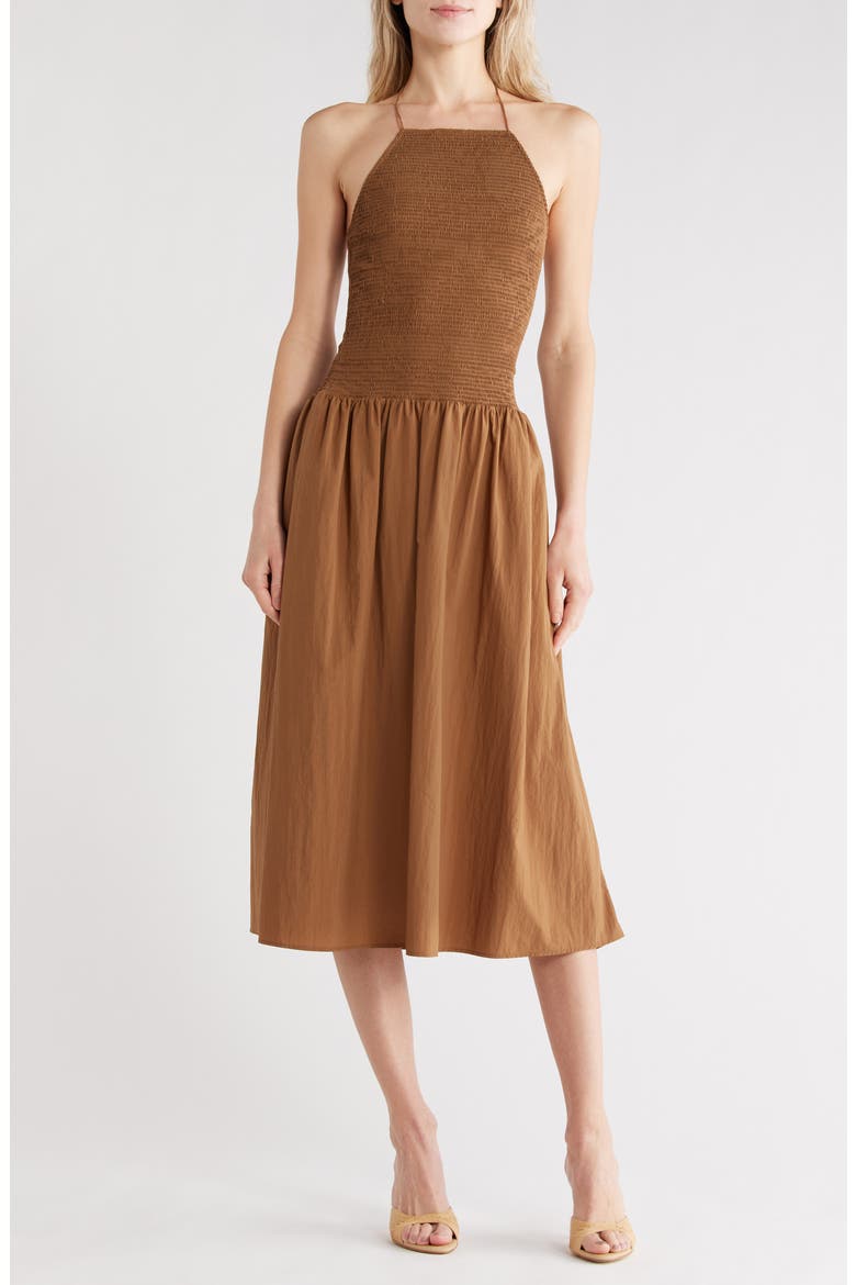 Leslie Halter Neck Smock Midi Dress, Main, color, SEPIA