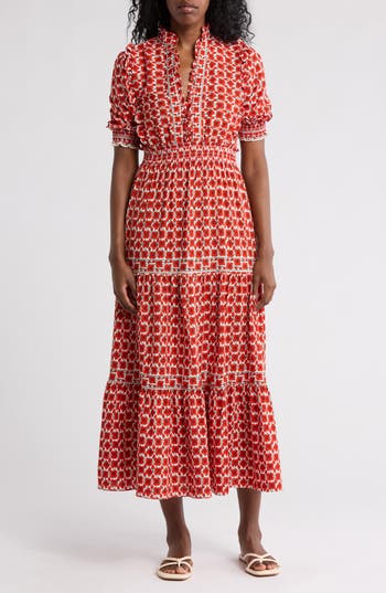 Max Studio Floral Short Sleeve Tiered Maxi Dress In Cream/papaya Poppy Buds