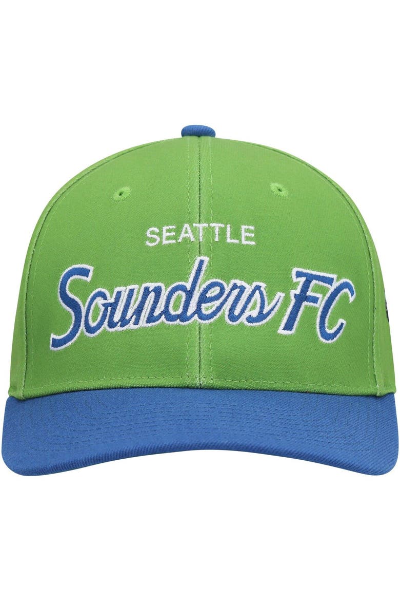 Men's Mitchell & Ness Green Seattle Sounders FC Team Script 2.0 Stretch Snapback Hat, Alternate, color, Green