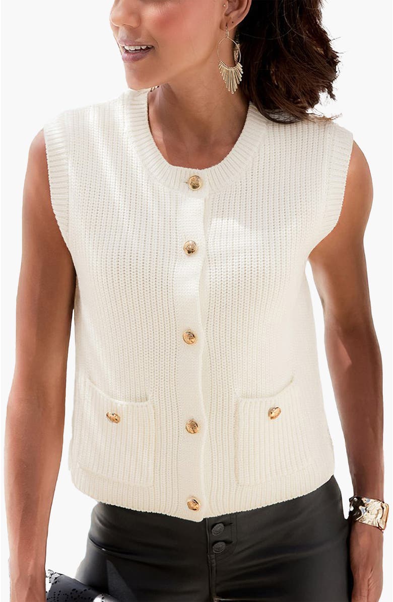 LASCANA Women's Button Down Sweater Vest, Main, color, Ivory