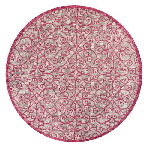 Jonathan Y Madrid Vintage Filigree Textured Weave Indoor/outdoor Round Area Rug In Light Gray/fuchsia