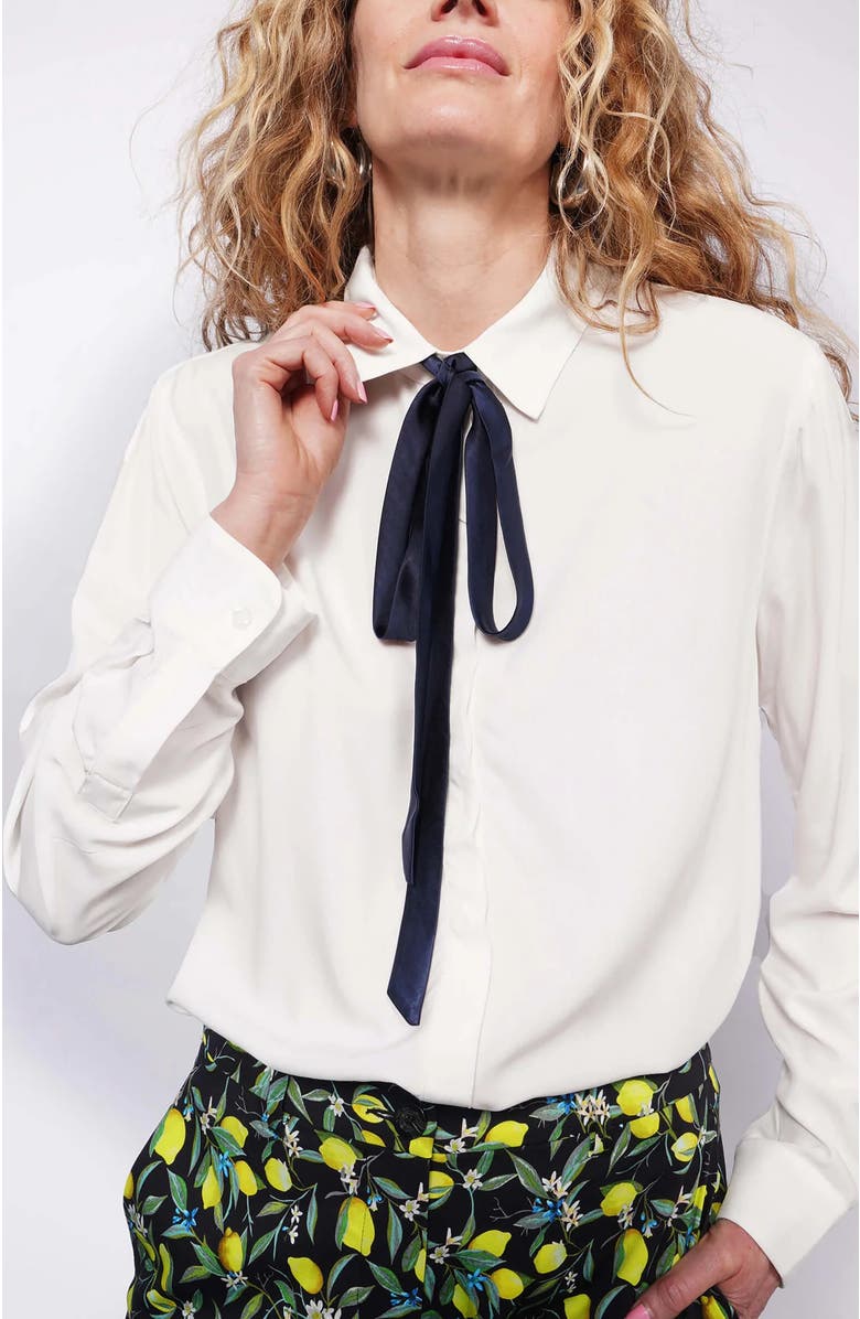 WILDFANG The Empower long Sleeve Bow Button Up, Main, color, White/Navy