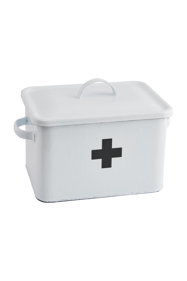 Enameled Metal First Aid Box with Lid and Swiss Cross, White and Black, Main, color, White