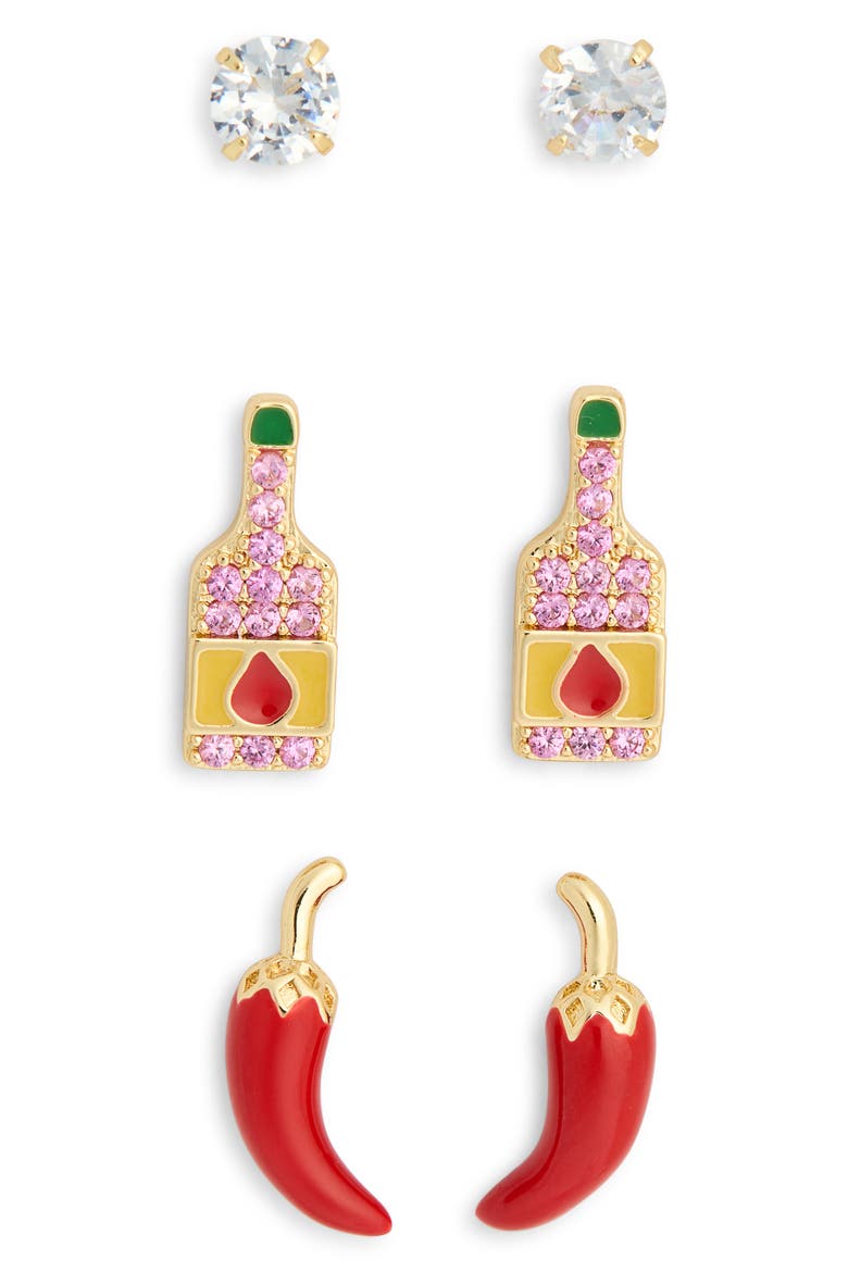 3-Pack Hot Sauce Assorted Stud Earrings Set, Alternate, color, RED MULTI- GOLD
