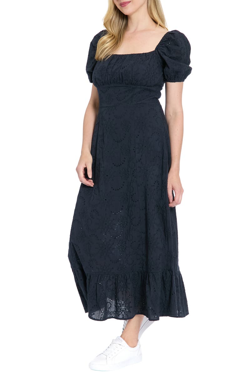 London Times Floral Embroidered Eyelet Puff Sleeve Cotton Midi Dress, Alternate, color, Maritime Navy