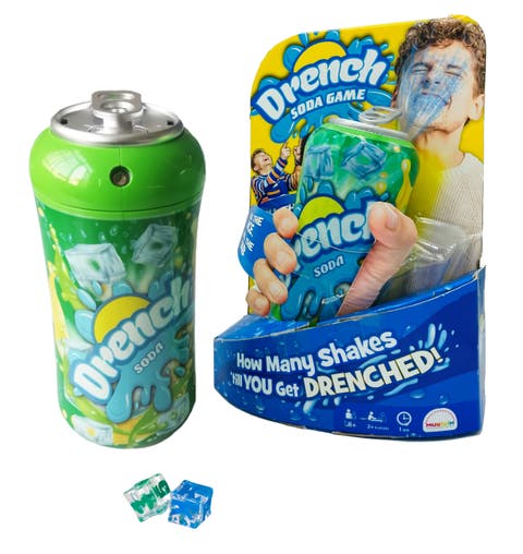 Drench Soda game - Family & Party interactive game of chance. Roll Dice, Shake Can & Pull The Tab! The Last Person To Stay Dry Wins!