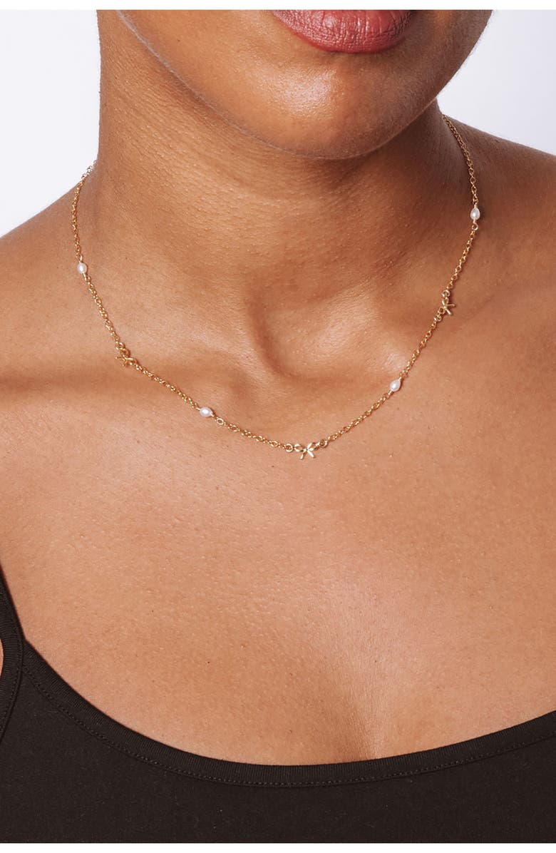 Set & Stones Bow & Freshwater Pearl Station Necklace, Alternate, color, Gold