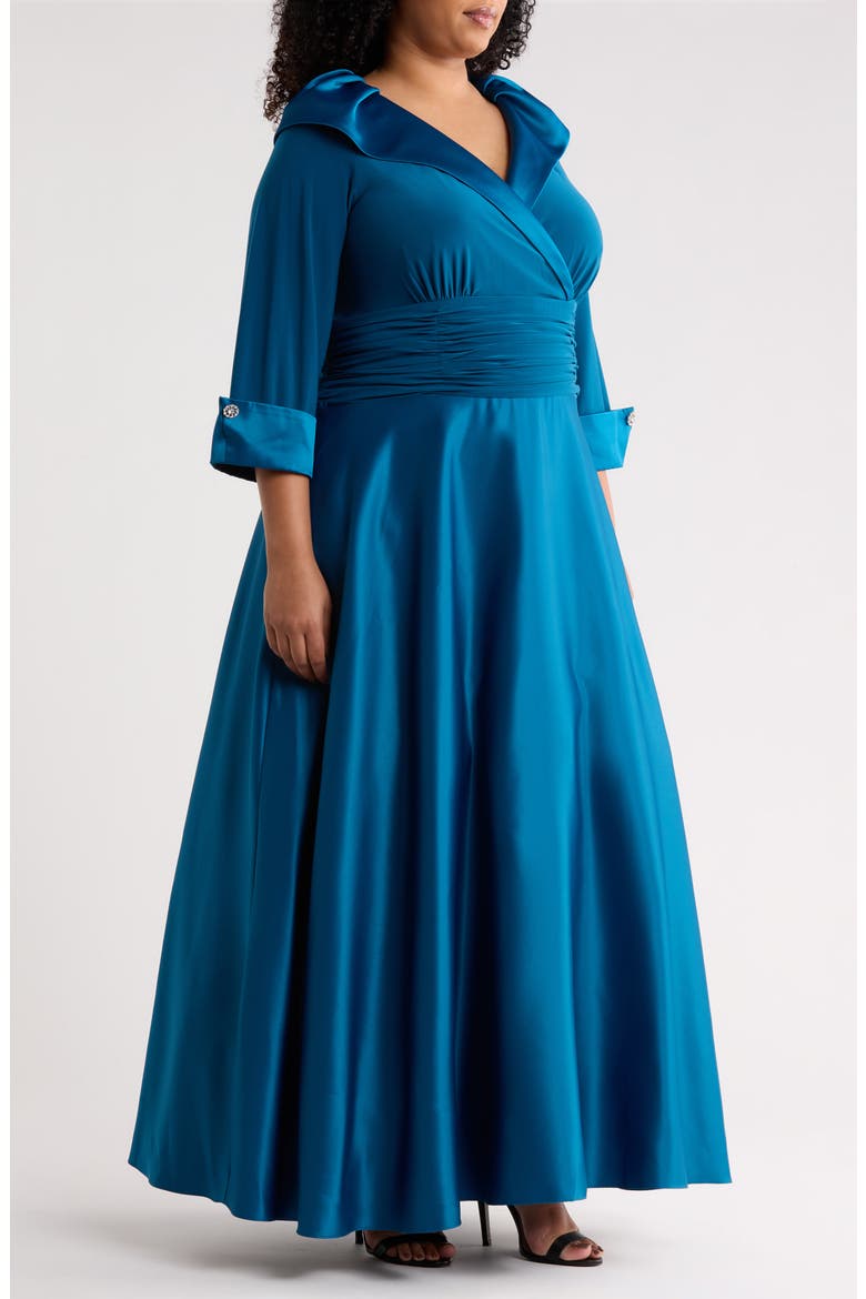 Rhinestone Button Cuff Sleeve Mixed Media Gown, Alternate, color, PEACOCK