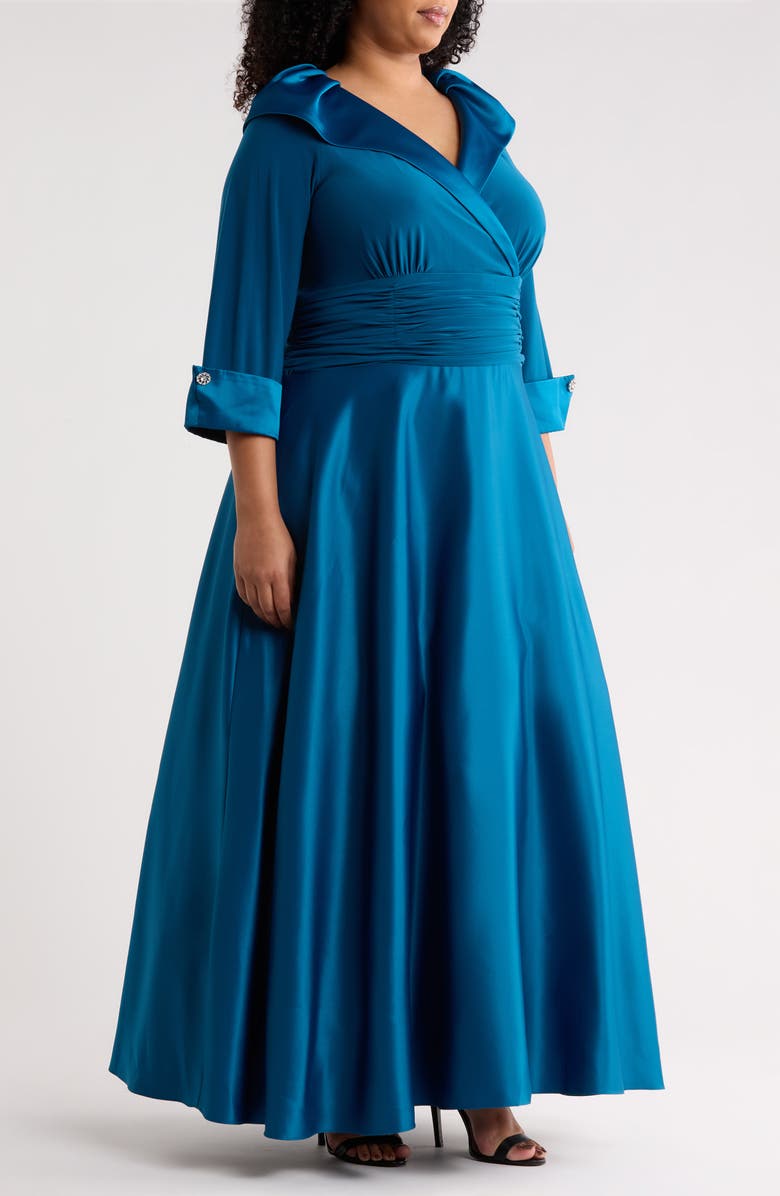 Jessica Howard Rhinestone Button Cuff Sleeve Mixed Media Gown, Alternate, color, Peacock