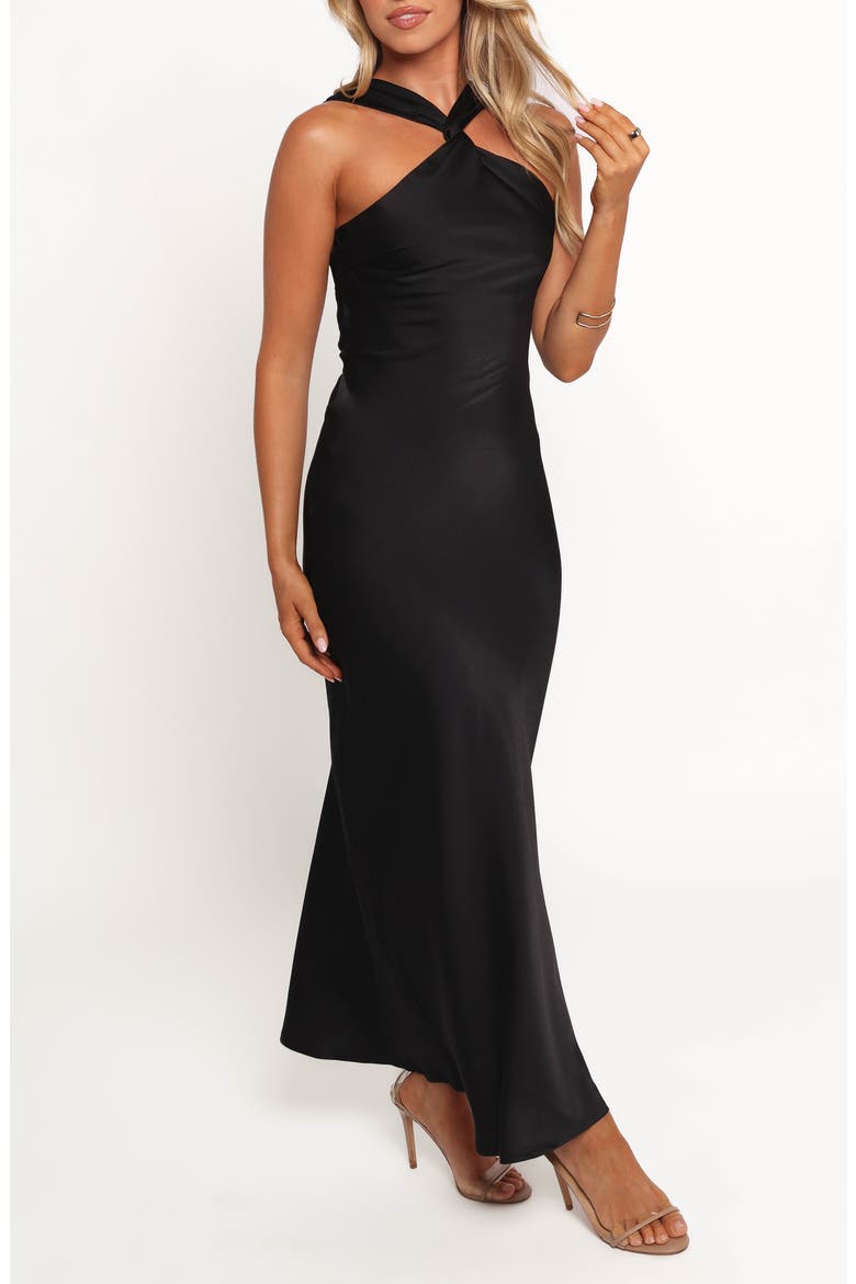 Donata Satin Evening Dress, Alternate, color, BLACK