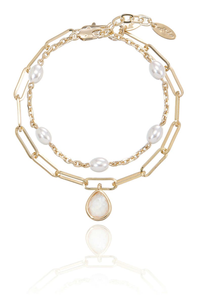 Set of 2 Glass & Imitation Pearl Bracelets, Main, color, GOLD