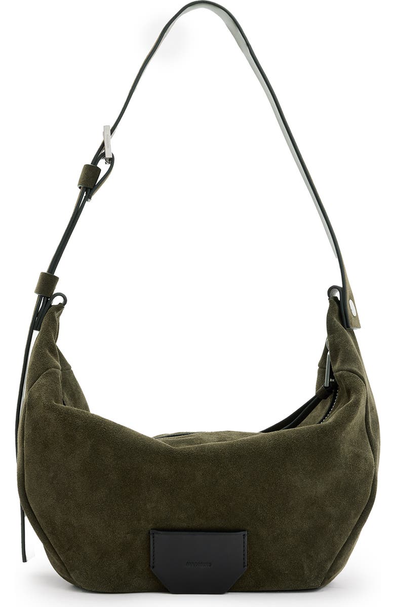 AllSaints Madea Suede Shoulder Bag, Main, color,