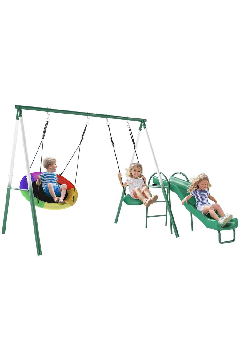 Metal Swing Set with Slide, Saucer Swing Seat, A-Frame Stand, Kids Ages 3-8, Main, color, Dark Green
