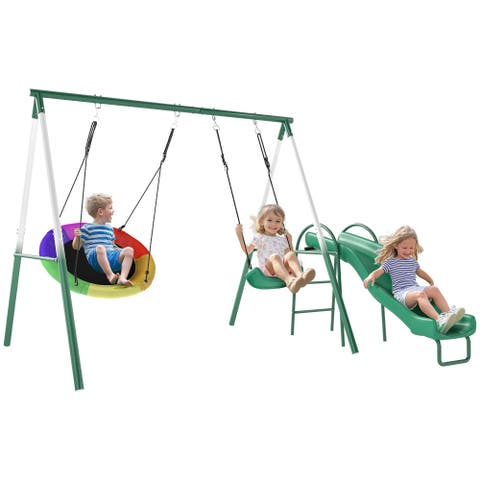 Metal Swing Set with Slide, Saucer Swing Seat, A-Frame Stand, Kids Ages 3-8