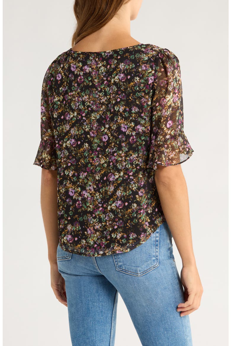 Floral Split Neck Top, Alternate, color, RICH BLACK