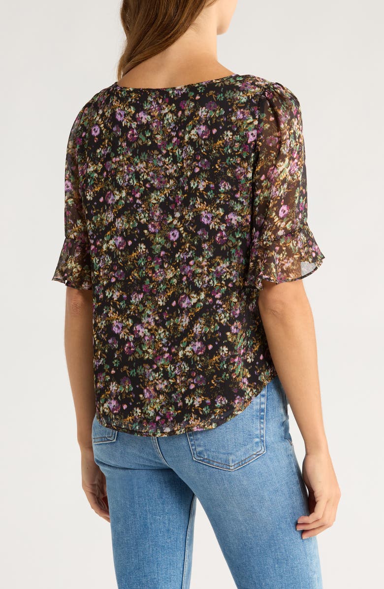 CeCe Floral Split Neck Top, Alternate, color, Rich Black
