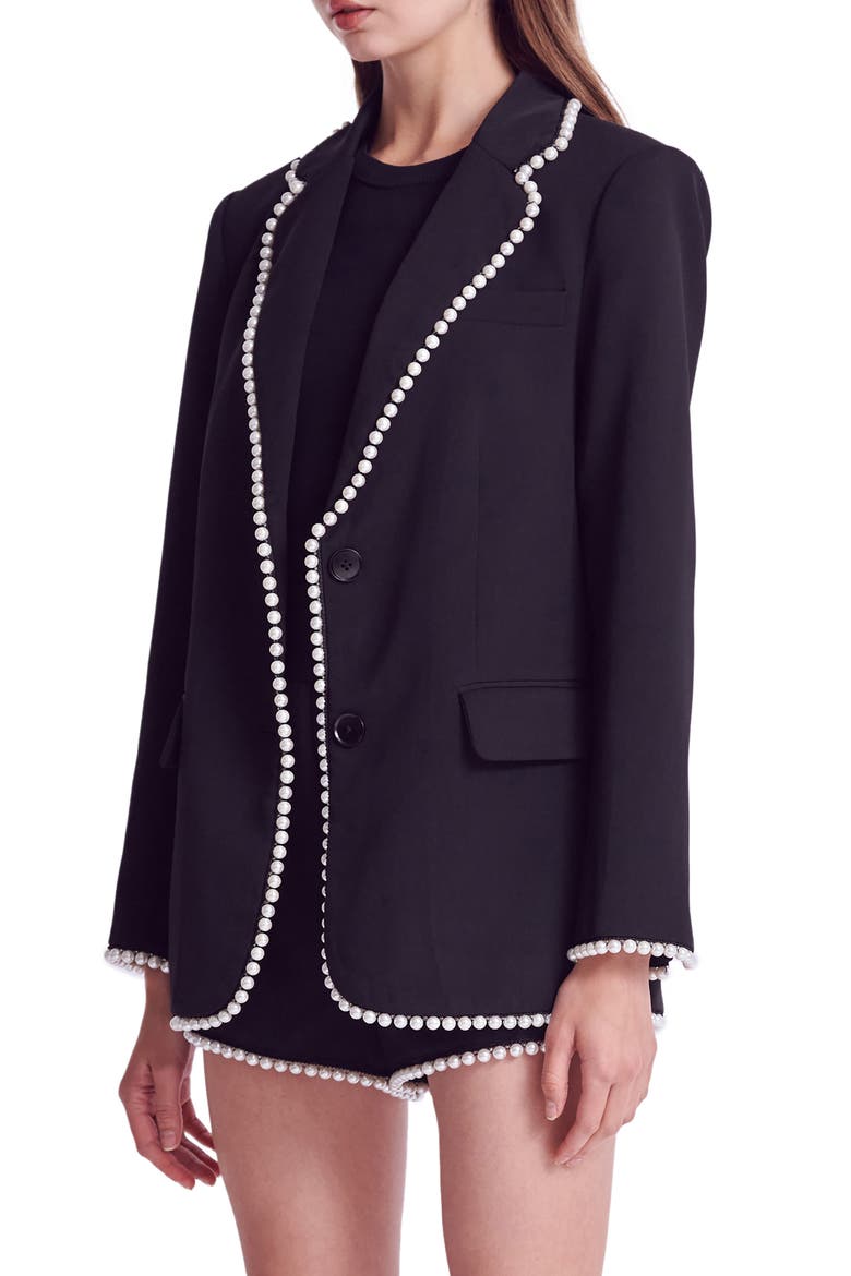 Premium Imitation Pearl Trim Blazer, Alternate, color, BLACK