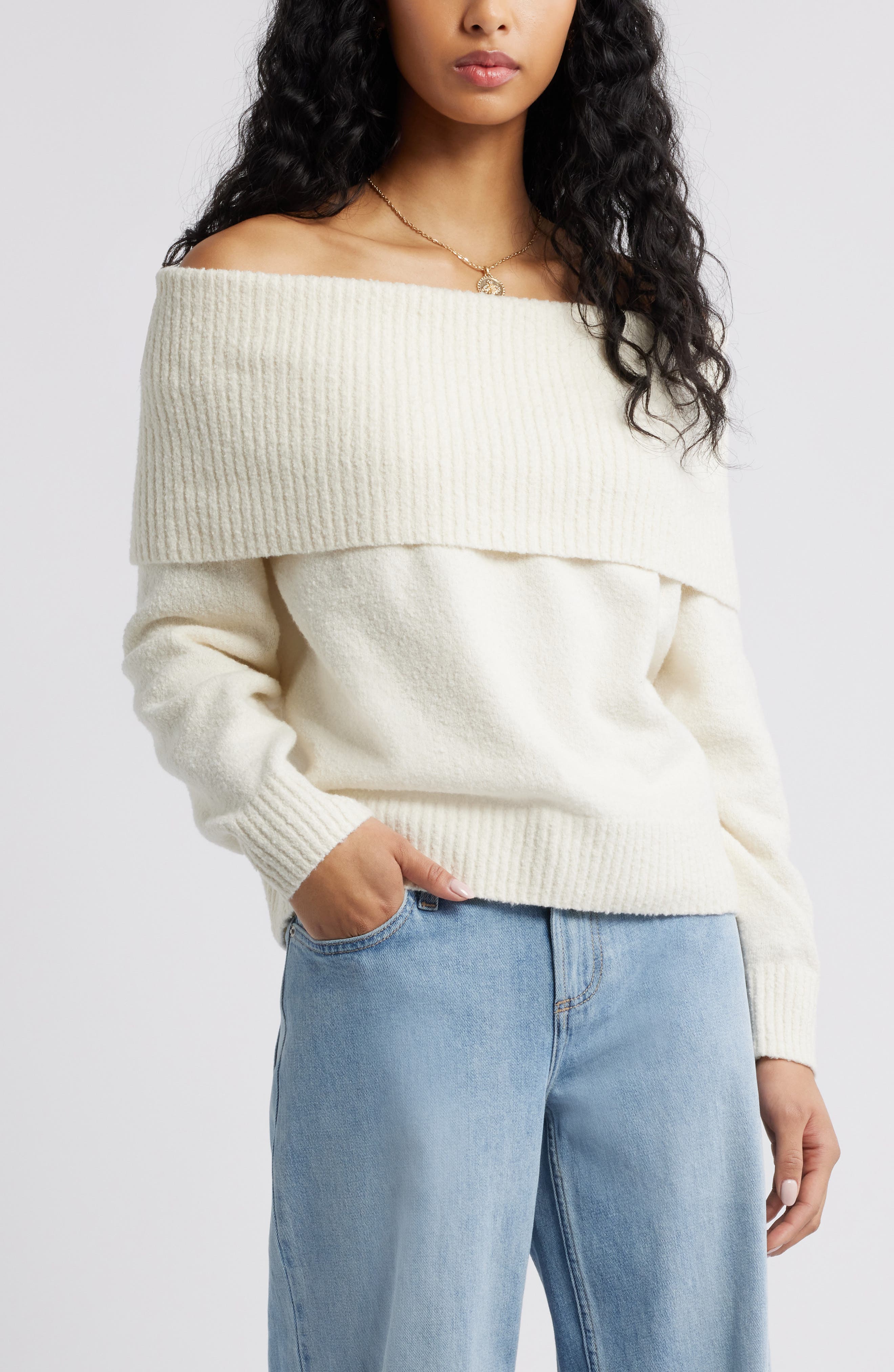 Boucle Off the Shoulder Sweater - image 3