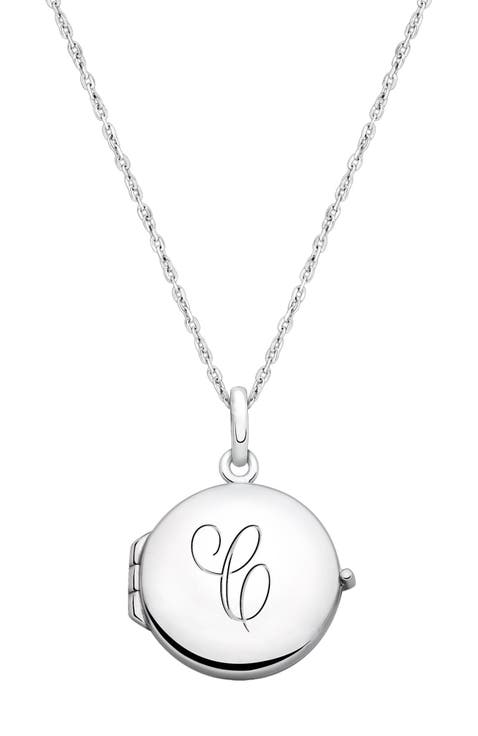 Sterling Silver Round Locket & Engraved Initial 14-16" Necklace