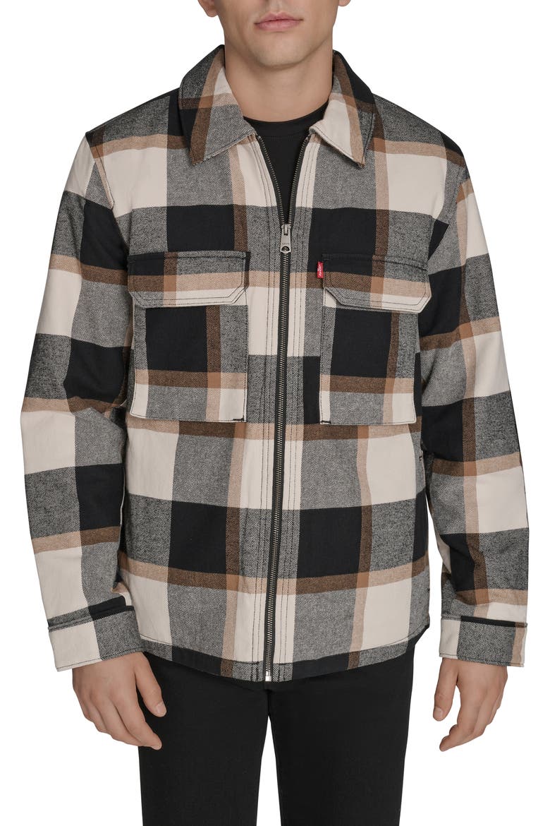 Insulated Plaid Cotton Flannel Zip-Up Shirt Jacket, Main, color, BLACK/ CARAMEL