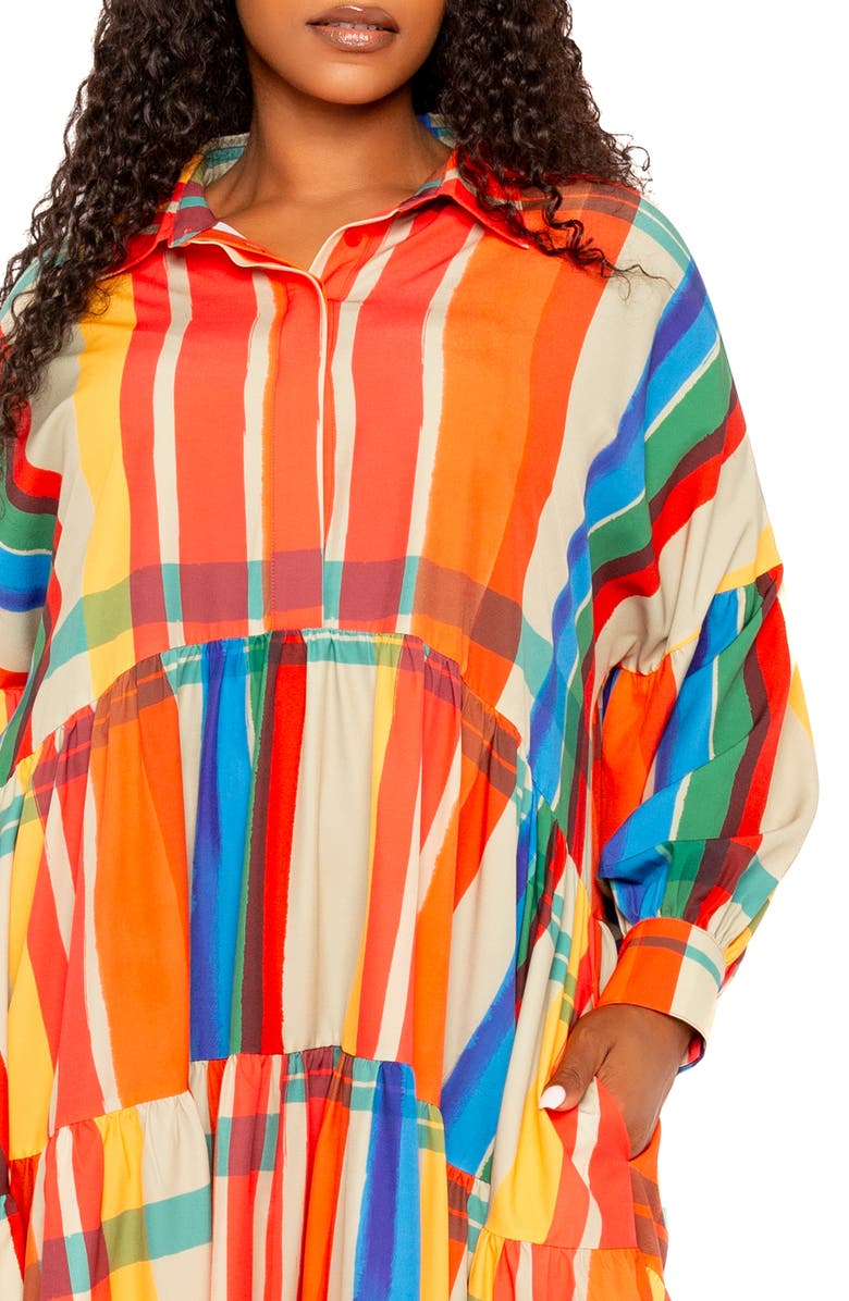 BUXOM COUTURE Plaid Long Sleeve Tiered Shirtdress, Alternate, color, Rust Multi