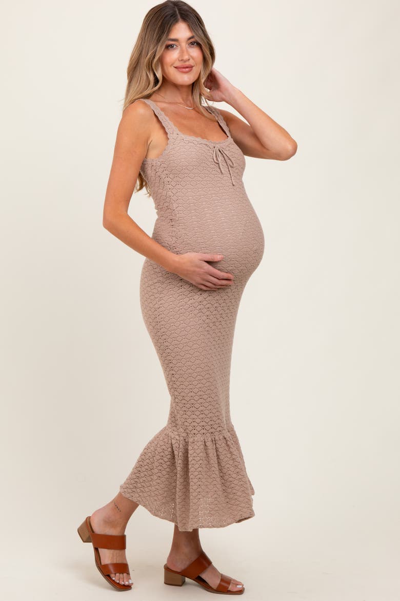 Taupe Crochet Knit Front Tie Midi Dress, Alternate, color, Taupe