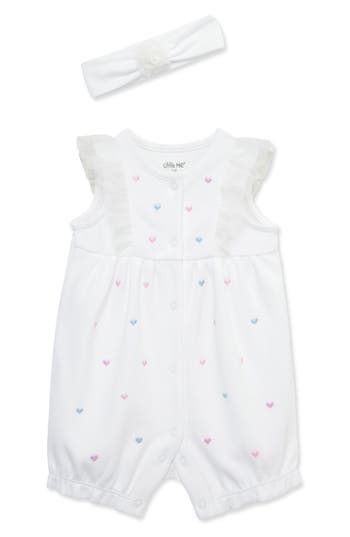 Little Me Hearts Embroidered Cotton Romper & Headband Set In White
