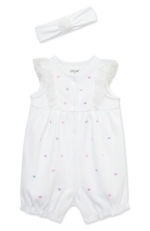 Shop Little Me Hearts Embroidered Cotton Romper & Headband Set In Multi Pink