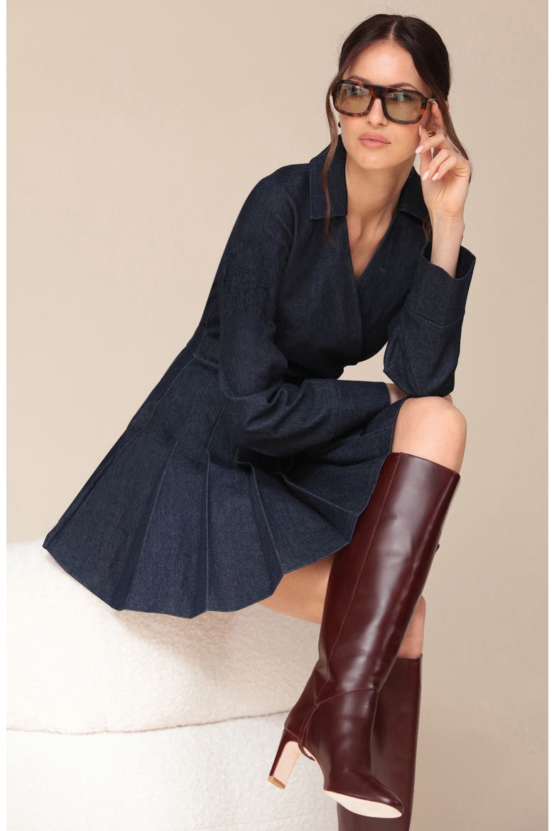 Pleated Long Sleeve Denim Minidress, Alternate, color, INK BLUE WASH