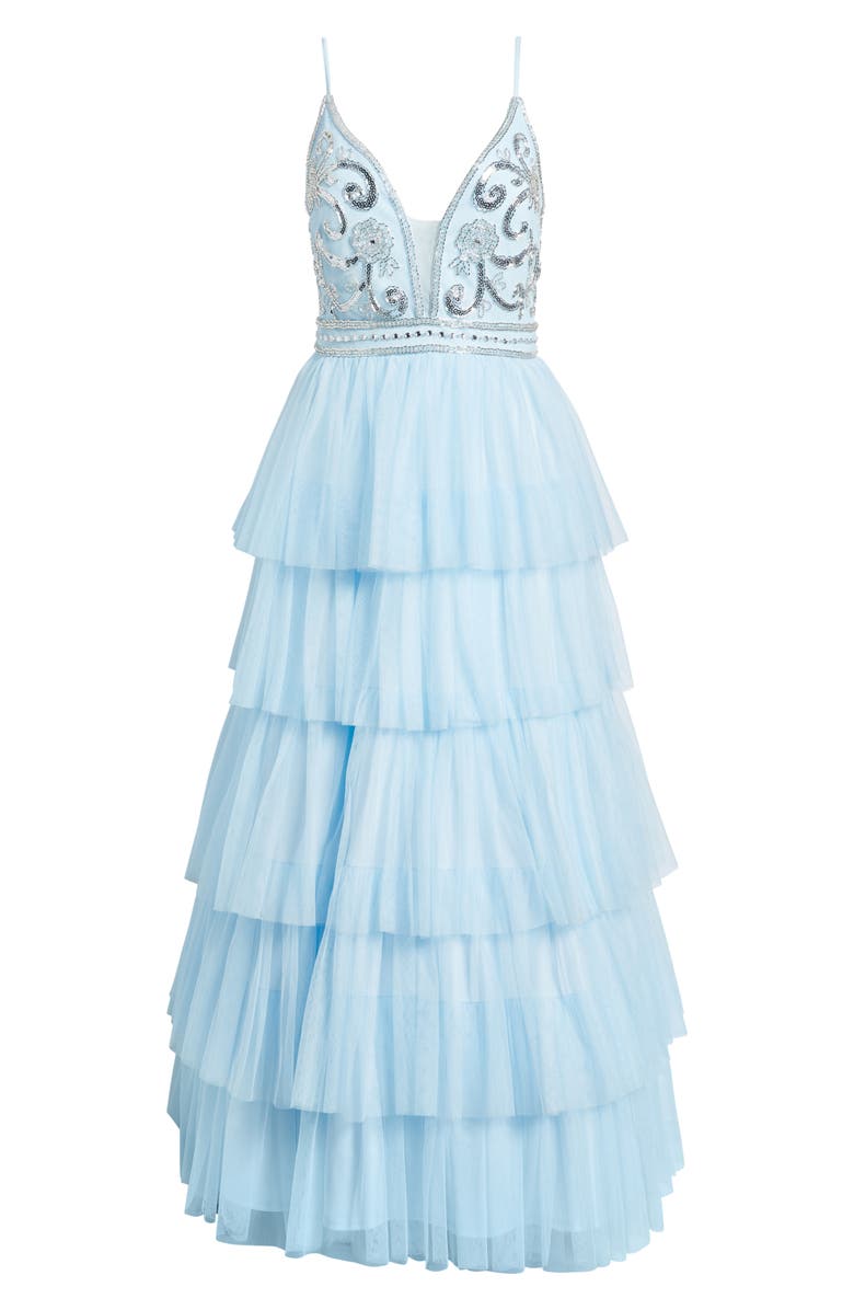 Jump Apparel Beaded Bodice Ruffle Tulle Gown, Alternate, color, Light Blue