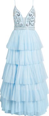 Jump Apparel Beaded Bodice Ruffle Tulle Gown
