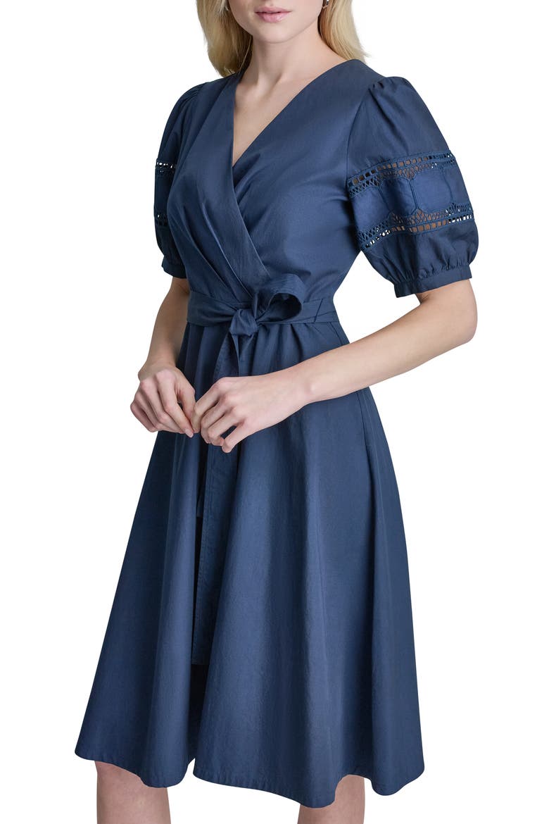 Lace Trim Faux Wrap Dress, Alternate, color, INDIGO
