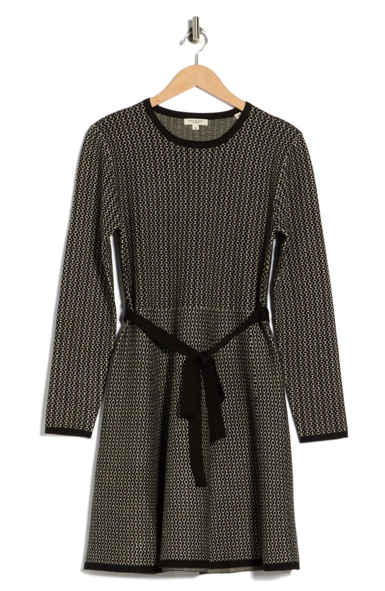 MAX STUDIO Long Sleeve Fit & Flare Sweater Dress, Alternate, color, Black/ Bone Circle Dash