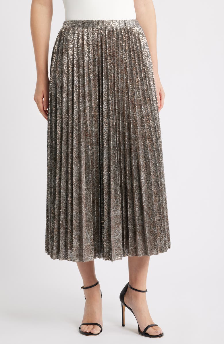 Anne Klein Sequin Pleated Pull-On Midi Skirt, Main, color,