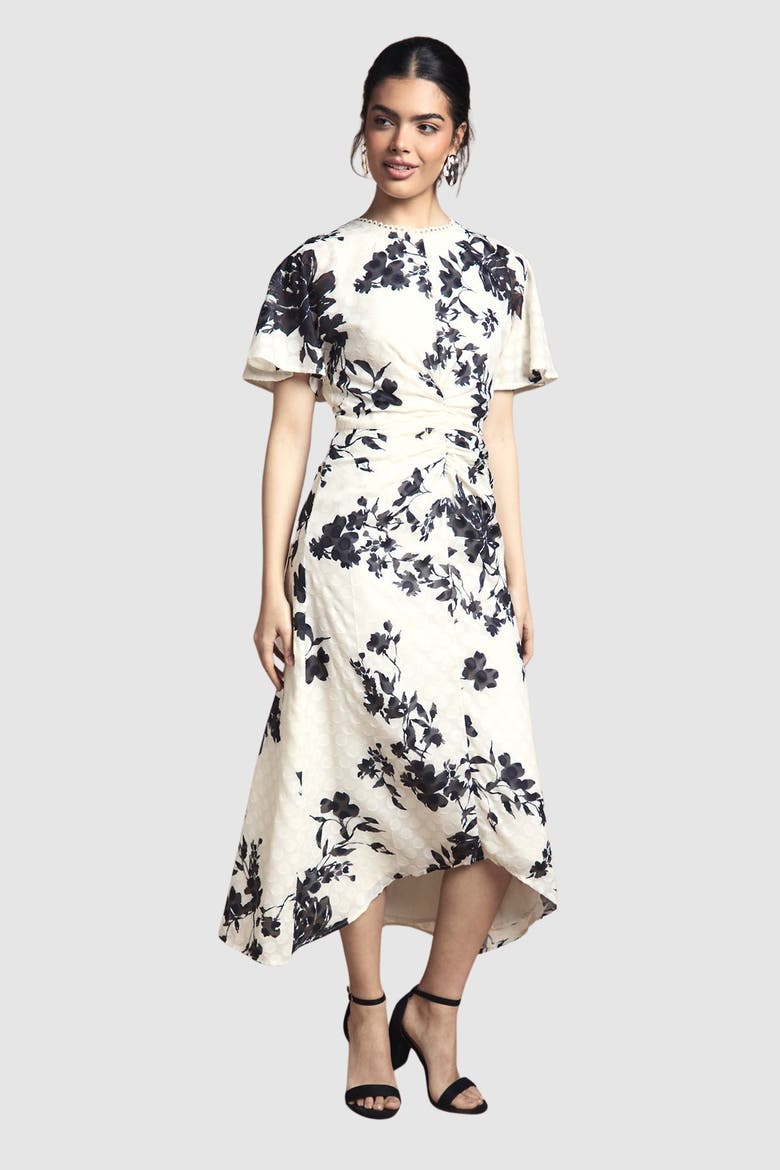 Floral Jacquard Cape Sleeve Midi Dress, Main, color, Ivory