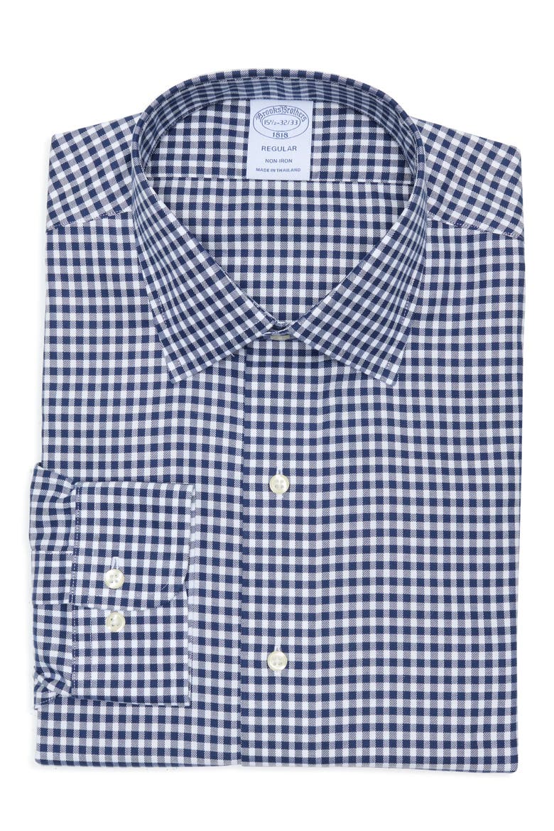 Gingham Print Non-Iron Regular Fit Dress Shirt, Alternate, color, NAVYGING