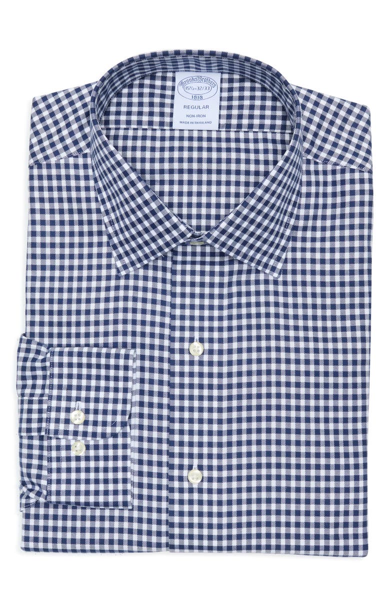 Brooks Brothers Gingham Print Non-Iron Regular Fit Dress Shirt, Main, color, Navyging