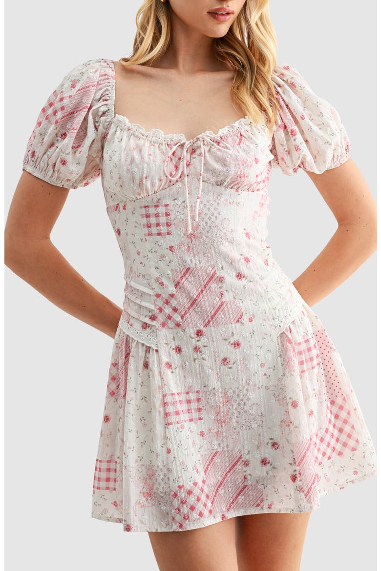 Patchwork Detail Embroidered Minidress, Alternate, color, IVORY RED PRINT