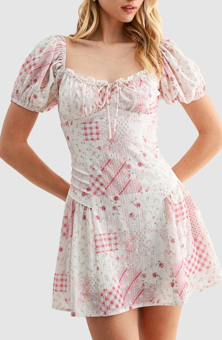 All in Favor Patchwork Detail Embroidered Minidress, Alternate, color, Ivory Red Print