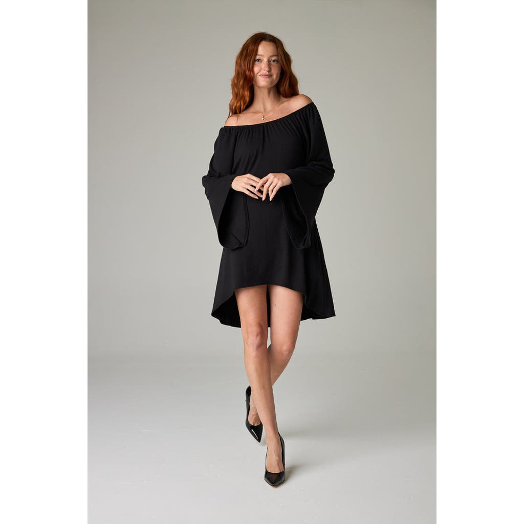 Eavolu Peyto Eco-luxe Rib Off-shoulder Flutter Tunic/dress In Black