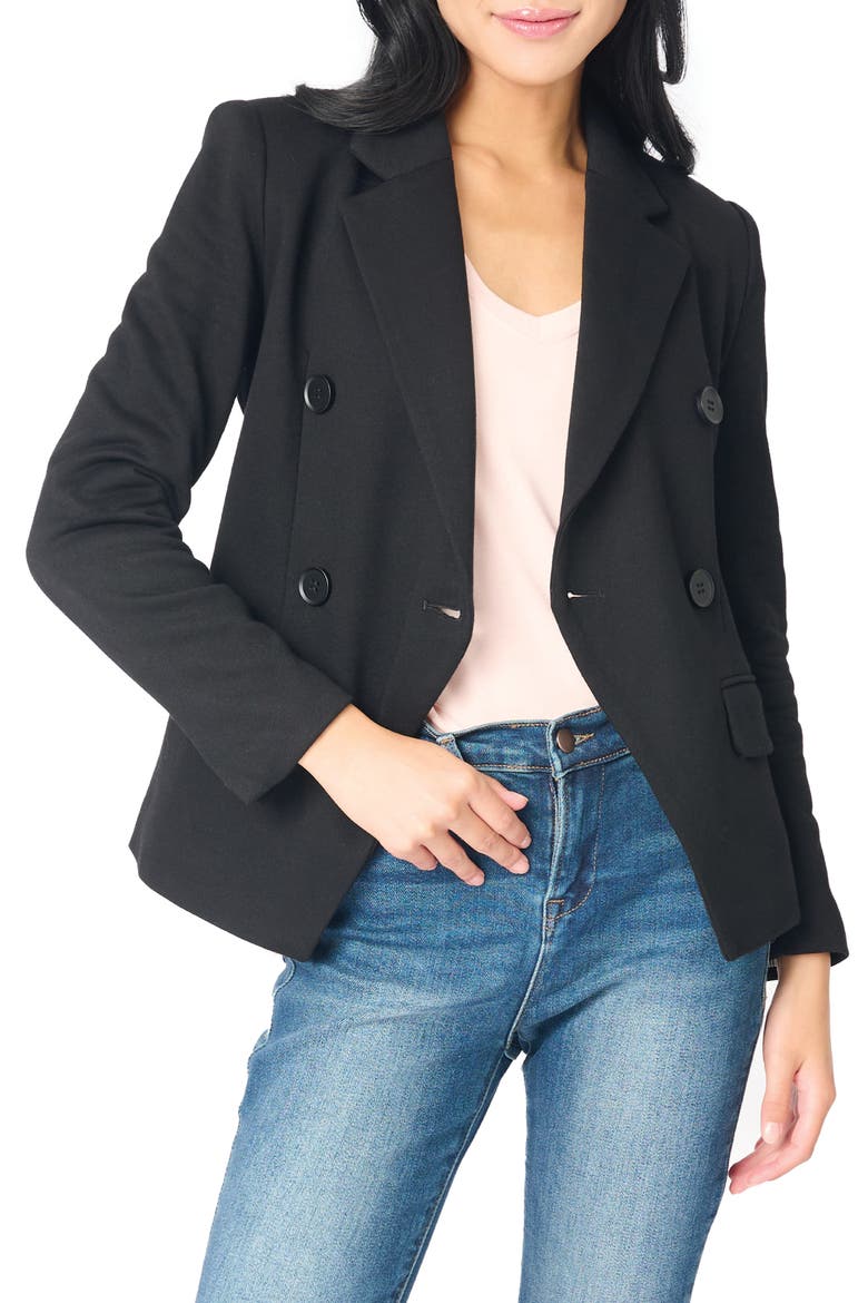 Double Breasted Cotton Blend Blazer, Main, color, BLACK
